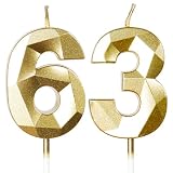 Gold 63. Geburtstagskerzen, 63. Geburtstagsdekorationen für Frauen und Männlich, 3D-Zahl-63-Kerze für Kuchen, Goldene Kuchendekorationen für Geburtstagsfeiern und Hochzeiten Zubehör