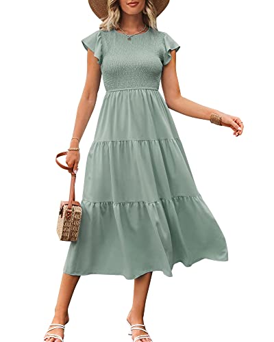 Damen Sommer Casual Rundhals Flatterärmel Kleid Gesmoktes Elastische...