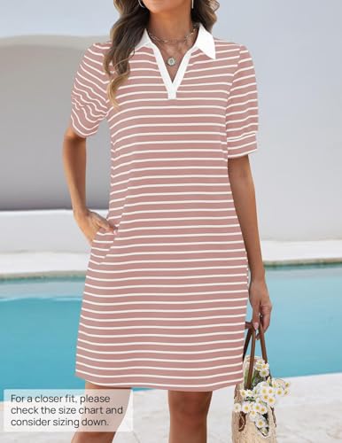 Image of ZESICA Womens Summer Striped T Shirt Mini Dresses 2026 Casual Lapel V Neck Short Sleeve Flowy A Line Beach Vacation Dress