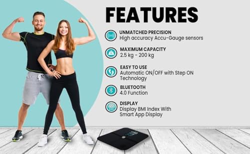 Image of Eagle Smart Bluetooth Weighing Scale for Body Weight with 200kg Capacity, BMI Digital Weighing Machine with Large LCD Display & 15 Body Composition Monitor Sync with Mobile App, Black