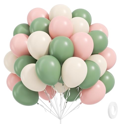 Pink and Green Balloons, 60pcs 12inch Sage Green Light Pink Sand White Balloons for Birthday Bridal Shower Boho Baby in Bloom Baby Shower Decorations