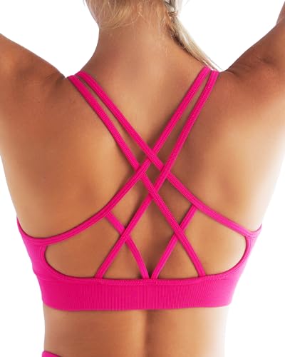 RUNNING GIRL Sports Bras for Women Pack Criss Cross Back Sexy Strappy Sports Bra Seamless Padded Yoga Bra with Removable Cups(2942 Hot Pink M)