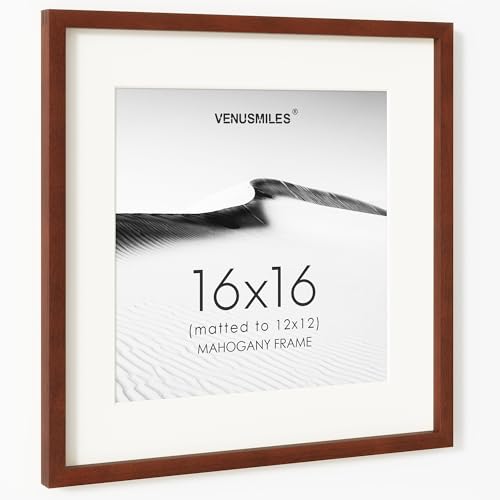 Image of 16x16 Picture Frame, USA-Sourced Natural Mahogany Wood Photo Collage Frame with HD Tempered Glass, Modern Simple 16 x 16 Wooden Frame Matted to 12x12, Gallery Wall Frames for Art