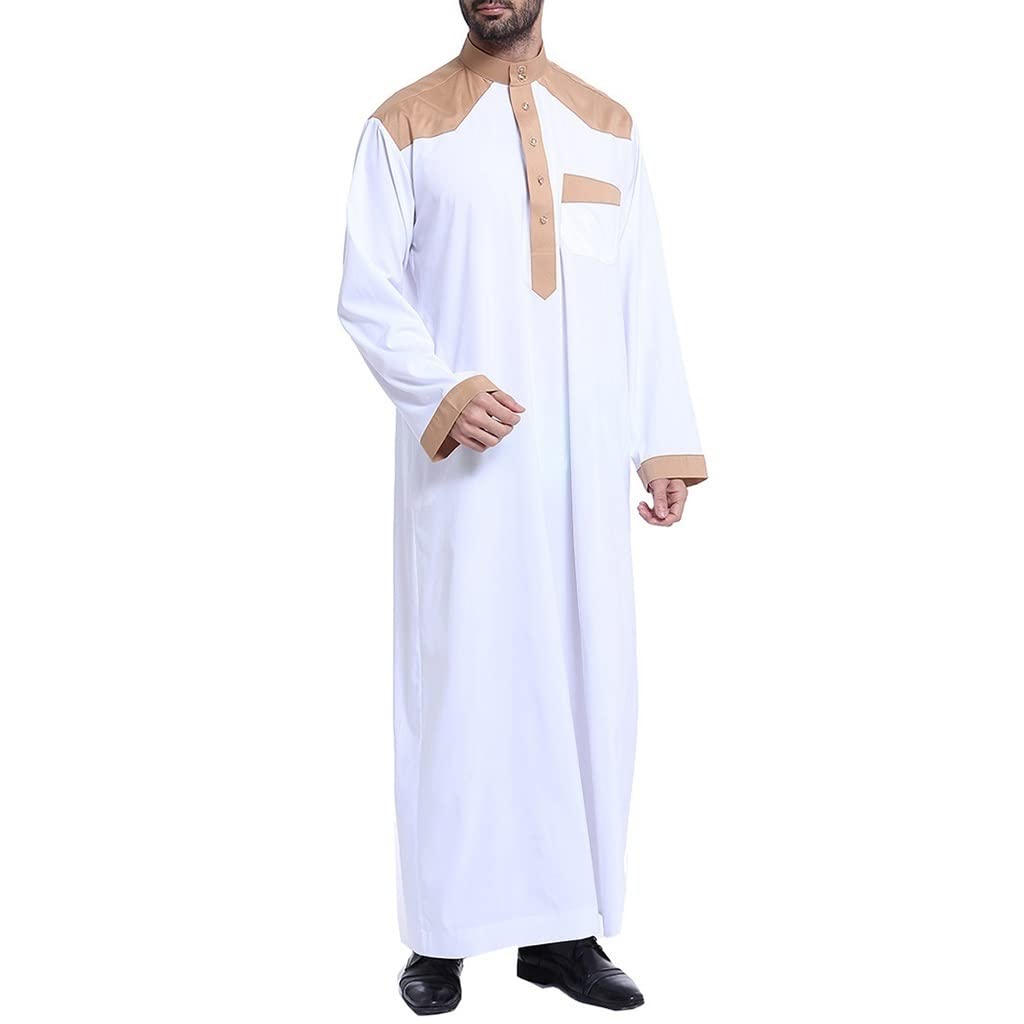 Długi Rękaw Thobe Kaftan dla Mężczyzn Muzułmanin Robe Sukienka Arab Suknia Koszule Dubaj Top Bliski Wschód Odzież Saudi Modlitwa Odzież (Color : White, Size : M)