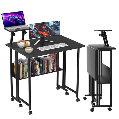 CHOWGOLI Schreibtisch Klappbar, Klappbarer Computertisch mit Rollen, Klappbarer Schreibtisch mit Lagerregale, Platzsparender Klappschreibtisch, 80x58x75cm, Schwarz