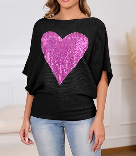 Image of PESION Womens Sequin Dolman Sweaters Short Sleeves Batwing Knitted Pullovers Tops Sweatershirts Blouses, Black+ Pink Heart
