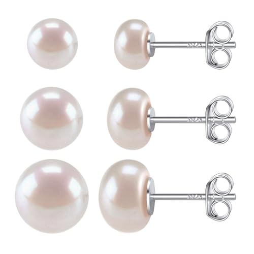 Lot de Boucles doreilles Perles pour Femme 3 Paires Clou d'oreilles Argent 925 avec Perle Blanche Grosses 6 + 8 + 10 mm - Bijoux Élégant Cadeau pour Femme...