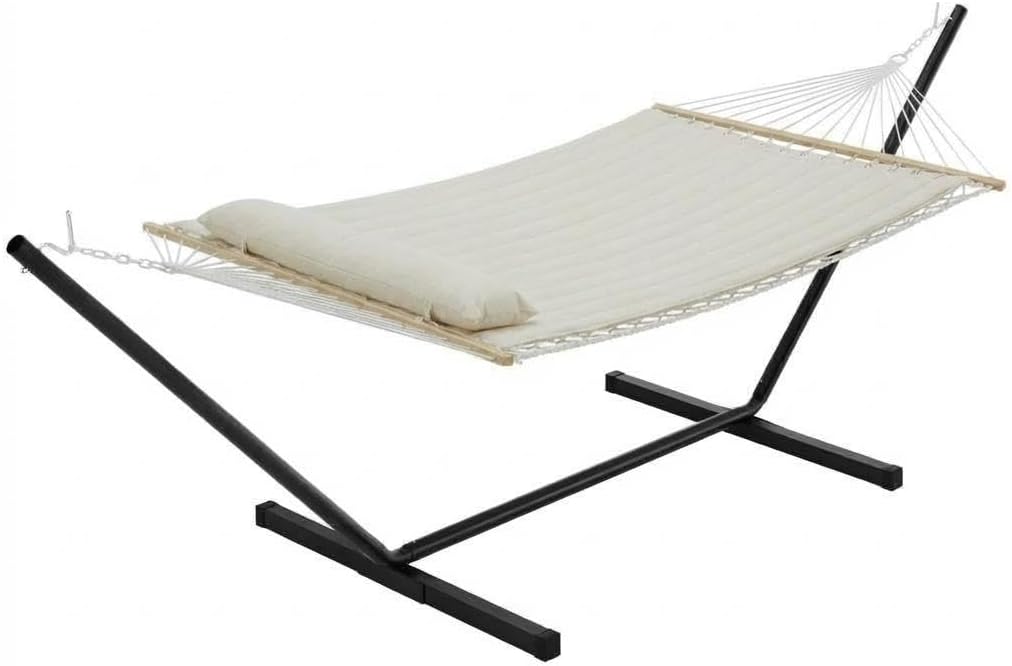 Double Hammock with Stand, Outdoor Quilted Padded Hammock with Heavy Duty Iron Frame, Portable Patio Swing Bed for Backyard Garden, 450 Lbs Capacity,Off White