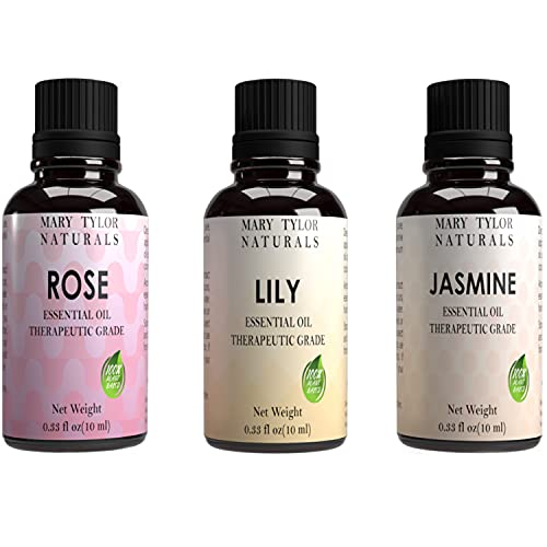Essential Oils Set, Top 3 x 10 ml Each, Rose, Jasmine and Lily Premium Therapeutic Grade, 100% Pure and Natural, Perfect for Aromatherapy, Diffuser, DIY by Mary Tylor Naturals