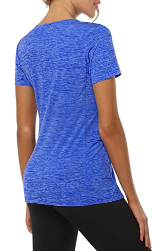 Women's Short Sleeve Workout Shirt with Pocket Back View: Four-way stretch material allows you to move, bend, and stretch as much as your workout requires.