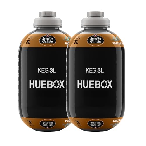 Estrella Galicia 0.0 Tostada – Pack 2 Barriles de 3L para Tirador HUEBOX, Cerveza Sin Alcohol de Maltas Tostadas, Compatibles Solo con HUEBOX, Incluye 2 Cánulas Desechables – 6 L
