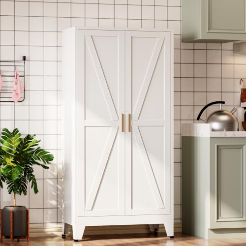 Image of Bevivog 61 inch Tall Metal Storage Cabinet with 2 Doors Farmhouse Tall Bathroom Cabinet Freestanding, White Metal Pantry Cabinets for Kitchen, Laundry Room, Home Office