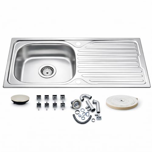 Evier Inox 1 Bac en acier inoxydable 76 x 43,5 cm – Évier encastrable – Avec siphon, trou de robinet et égouttoir