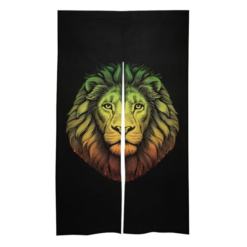 Rasta Lion Head Noren Doorway Split Shower Curtain Long Type Window Treatment for Privacy Partition Divider