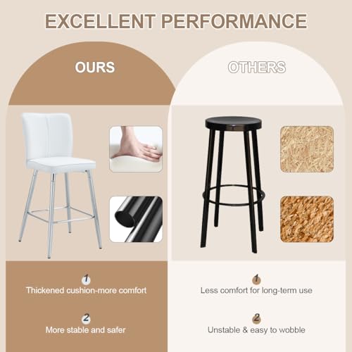 Image of Counter Height Bar Stools Set of 2,27''Kitchen Island Stools with Back,White Barstools with Sturdy Metal Legs,Modern Bar Stools Ideal for Kitchen Island Pub Cafe(Faux Leather-White)