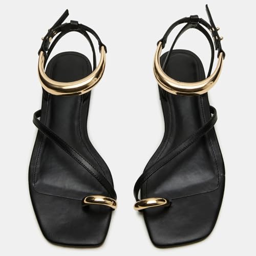 Yishaweiqi Metal Ankle Strap Flat Sandals for Women Toe Ring Strappy Slip On Sandals Open Square Toe Beach Sandals4