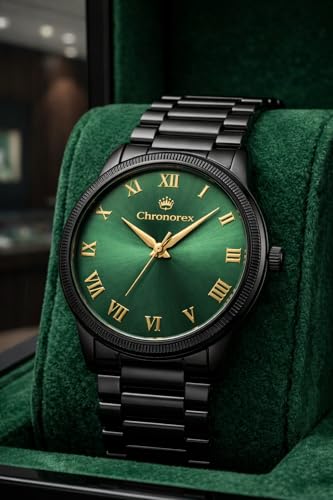 Image of Astrologer-Recommended Luxury Green Roman Dial, Black Chain Watch for Men - Green Dial, Roman Numerals,Black Chain Vastu-Friendly, Stainless Steel, Chronograph, Waterproof, Elegant Design