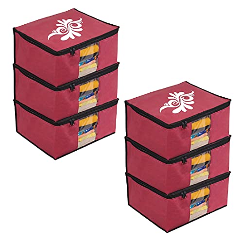 Image of PrettyKrafts Large Saree Cover With Creative Prints, Wardrobe Organiser, Clothes Cover & Storage, Zip Closure and Transparent Window | Clothes Storage Bag | Set of 6, Maroon | Size: 40 x 35 x 20 cm