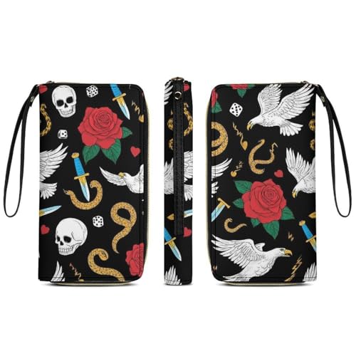 Women's Cute Decor Long PU Zipper Wallet, Travel Purse Fashion Design, Huge Storage Capacity Purse With Rope Cool Rock Wild Eagle Red Rose Skull Floral3