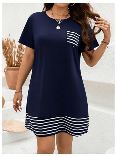 Image of Verdusa Women's Plus Size Summer Casual T Shirt Dress Color Block Striped Short Sleeve Mini Dress Dark Blue 3XL