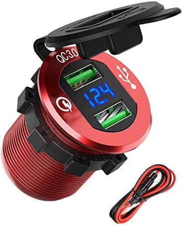 Quick Charge 3.0 USB Charger Socket, SunnyTrip Dual USB Car Power Outlet Waterproof Marine Cigarette Lighter Adapter 36W Fast Charge with LED Voltmeter for 12V/24V Boat Motorcycle ATV Bus Truck