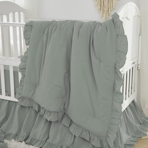 Image of Brandream Boho Bohemian Girl Baby Nursery Crib Bed Skirt Dust Ruffle - Neutral Solid Color Sage Green Farmhouse Chic 100% Washed Cotton Ruffle