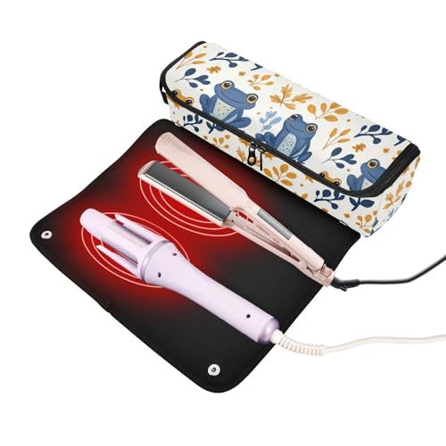 Bolsa de viaje para herramientas de cabello con diseño marmolado y motivos de ranas y botanicos, resistente al calor, para planchas, rizadores y accesorios de cuidado capilar, organizador portátil miniatura 2