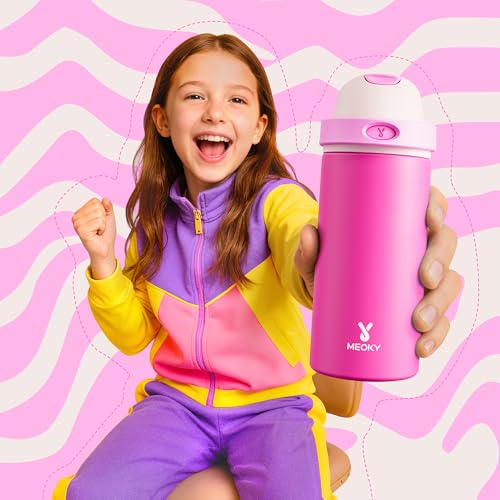 Image of 18 oz Kids Water Bottle for School: Meoky 18 oz Stainless Steel Insulated Water Bottle with 2-in-1 Straw and Spout Lid - Leak Proof, Fits in Car Cup Holder, BPA-Free for Teen Girls, Raspberry Vibes