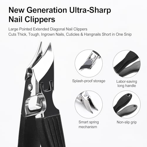 Eagle Beak Nail Clippers for Ingrown & Thick Nails – Beveled/Slanted/Angled Blades, Long Handle Wide Jaw, Anti-Splash Ultra Sharp Stainless Steel Edge 3-Piece Set for Men/Women (Black) - Image 4