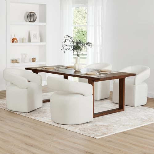 Image of KISLOT Upholstered Dining Chairs with Removable Casters Barrel Side Armchair with Rollers for Diningroom Bedroom Livingroom Reading Room, Ivory, Set of 4