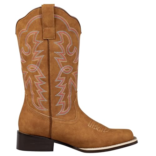 Image of SheSole Women's Fashion Wide Square Toe Western Cowgirl Cowboy Boots Mid Calf