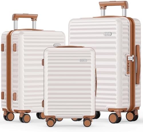 SHOWKOO Luggage Sets 3 Piece Hardside Expandable Suitcase with Double Spinner Wheels Tsa Lock Beige White (20in/24in/28)