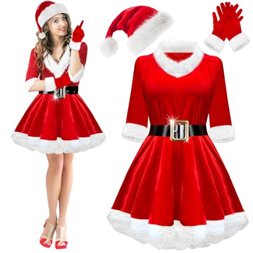 Mukum Mrs Claus Costume for Women - 4 Pcs Santa Outfit Set With Velvet Dress, Hat, Gloves for Christmas Holiday Party - Red-L