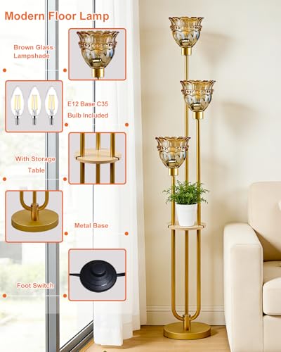 Image of Lightdot Glass Floor Lamp for Living Room Mid Century Modern Gold Floor Lamp with Amber Glass Shade 3000K Bulbs Included Tall Standing Lamp with 5Lbs Heavy Base for Bedroom /Sofa Beside /Corner Decor