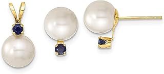 Ouro amarelo 14 k 8 mm branco cultivado em água doce pérola safira brinco pingente colar pingente de orelha botão de bola pedra do mês de setembro conjunto joias finas para mulheres presentes para ela, Pérola, Pérola