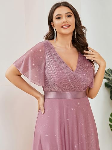 Image of Ever-Pretty Plus Women's Glitter Formal Dress Evening Gown for Gala V-Neck Short Sleeve Floor Length Plus Size Prom Dresses
