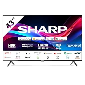 SHARP 43GJ4K 43-Inch 4k Ultra HD Smart Frameless Roku TV™ in Black with Active Motion 400, HDR10 Support, Freeview Play, Pre-Installed Apps, 3x HDMI & 2x USB