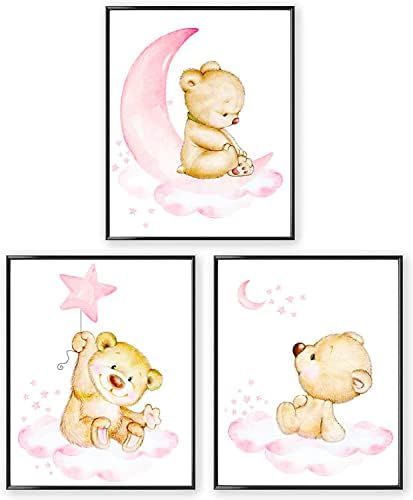 BDA36-Z Set of 3 poster?childrens room Bear Moon and Stars nursery cloud wall Art?Cute Modern Nordic Home Poster pink painting art?for Boy Girl Kids Playroom,8*10 inch Unframed children series-1