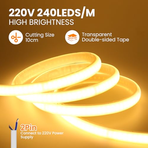 Wisada 220V Neon Streifen Selbstklebend Innen, Schnitt alle 10cm, 2-adrig Anschluss an AC 230V COB LED Band, 240LEDs/m Flexible Superhell LED Lichtband für Weihnachten(Warmweiß,5m)