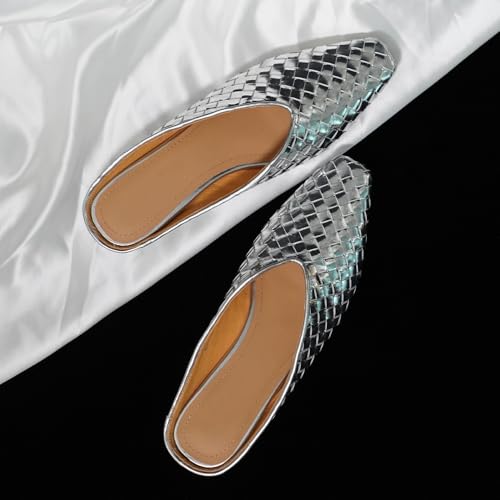 Image of Woven Mules for Women Slip on Comfortabke Metallic Slides Ladies Trendy Square Toe Hidden Wedge Mules