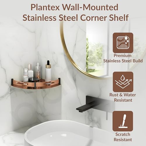 Image of Plantex Bathroom Corner Rack for Wall /Stainless Steel Shelf for Bathroom Corner with Railings /Bathroom Accessories Holder (12x12 inches, PVD Rose Gold & Black)
