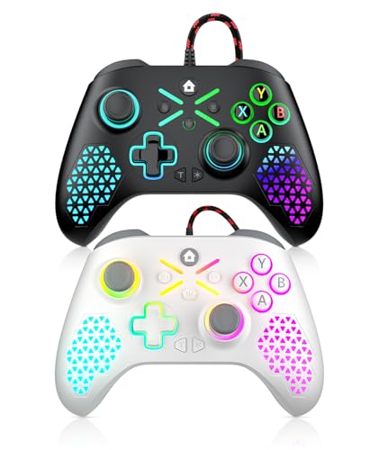 Image of Dinosoo 10ft Wired RGB Controller for X-box One Series X|S & PC, Turbo, Macro Function, 4 Vibration Motors, 3.5mm Audio Jack - Black White