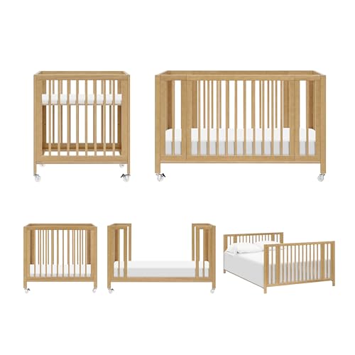 babyletto Rolli 9-in-1 Convertible Baby Crib w/Wheels - Includes Pad & Conversion Kits for Bassinet, Standard Crib, Toddler Bed, Daybed & Junior Bed - GREENGUARD Gold - 3 Adjustable Heights - Honey