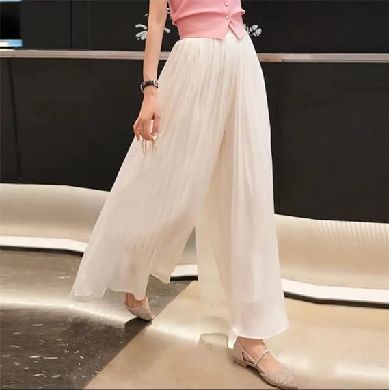 Glazed Ice Silk Floor-Length Wide-Leg Culottes,Women's High Elastic Chiffon Pants Skirts3
