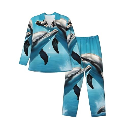 Pyjama manches longues homme dauphins amoureux imprimé nuit coton bleu