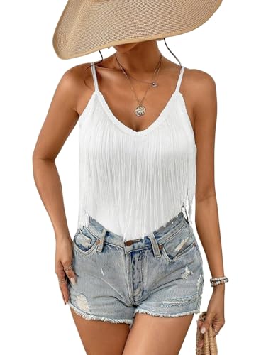 Womens Western Cowgirl Fringe Top - Country Concert Outfits Festival Tassel Hem Boho Rodeo Cowboy Rave Tank Shirt(White S 10742a)