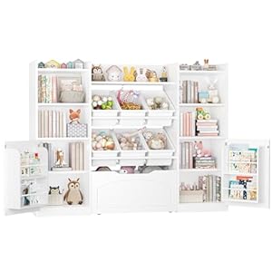 FINETONES 55” Toy Storage Organizer, 5-in-1 Kids Bookshelf with Movable Drawer and Book Shelves Behind The Doors, Toy Organizer Playroom Storage Organizer with 6 Toy Bins and 8 Storage Cubes, White