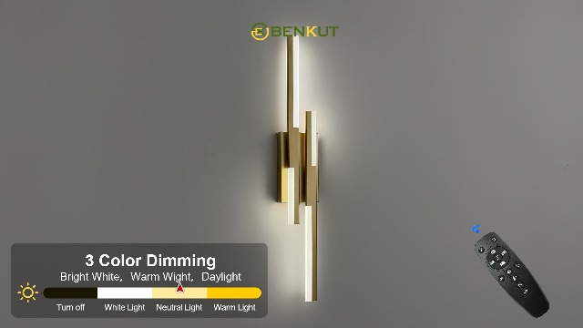 Image of Benkut Modern LED Vanity Lights Set of 2, Gold Wall Sconce with Remote Control Dimmable Indoor Wall Light Bedside Remote Sconce for Bedroom Bathroom Living Dining Room (2 Pack H19.7'')