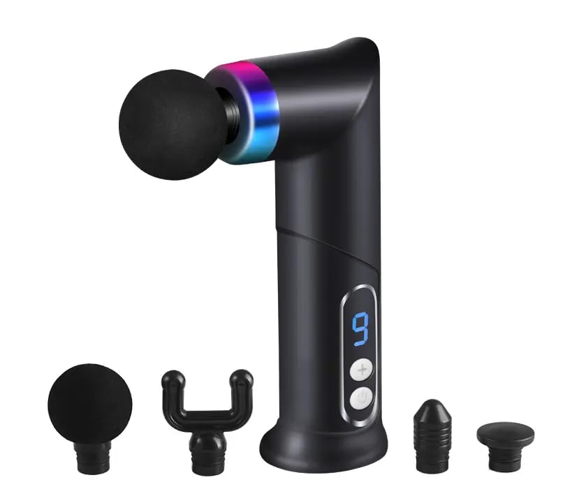 Portable Deep Tissue Massage Gun for Muscle Pain Relief, Mini Percussion Body Massager with 9 Speed Levels & 4 Massage Heads for Neck Back Shoulder Fitness Recovery