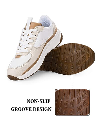 Coutgo Womens Lace Up Platform Sneakers Retro Colorblock Faux Leather Suede Splicing Comfortable Non Slip Athletic Walking Shoe,White thumb #4